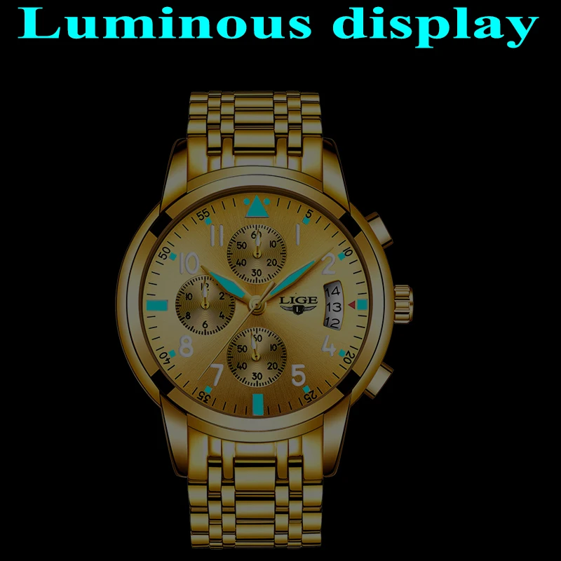 2019 LIGE мужские Топ люксовый бренд водонепроницаемые золотые часы с хронографом