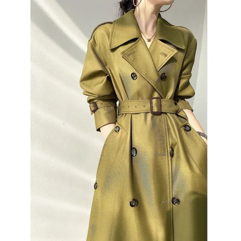 

Женский Длинный тренчкот с поясом, ветровка, пальто, женская однотонная хаки, зеленая двубортная куртка, осень 2021