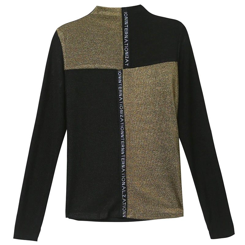 

European Clothes Patchwork Shiny T-shirt Women 2021 New Autumn Winter Color Blocking Tops Ropa Mujer Bottoming Shirt Tees