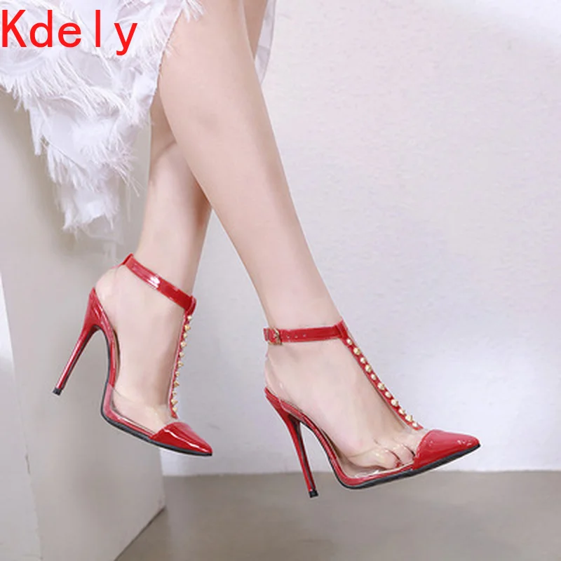 

2021New Style Concise PU Gladiator Sexy Sandals Women's Shoes Transparent Thin High Heel Sandals Rivet Red Black Apricot Sandals