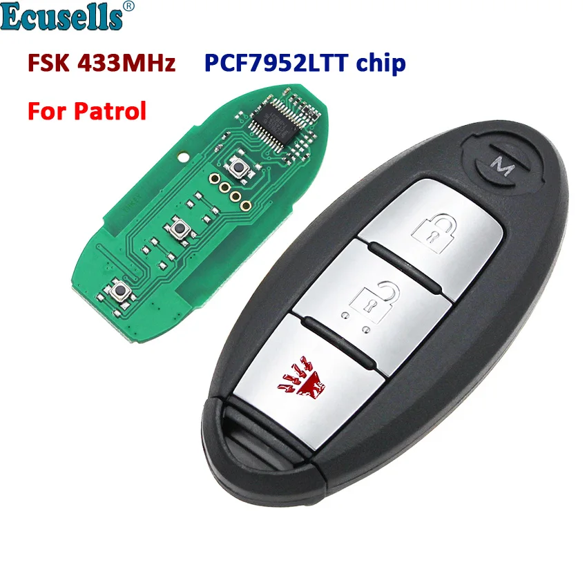 Умный дистанционный ключ 2+ 1 кнопка FSK 433 МГц PCF7952LTT чип для Nissan Patrol с аварийным ключом