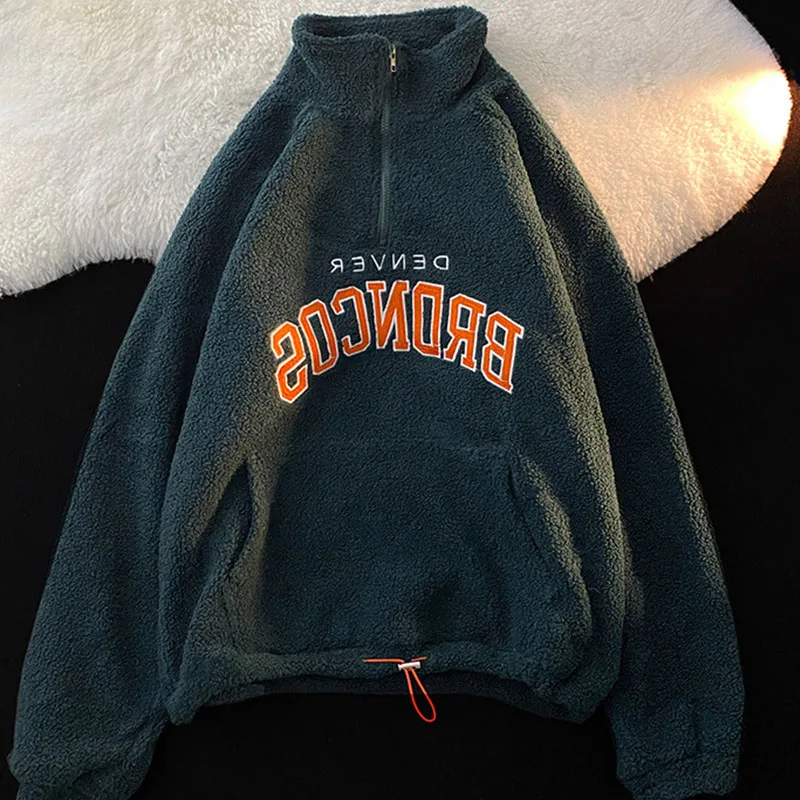 

Polo Neck Lambswool Letter Embroidery Zipper Sweatshirt Women Oversized Thick Autumn Winter Harajuku Pullover Fashion Tops 2021