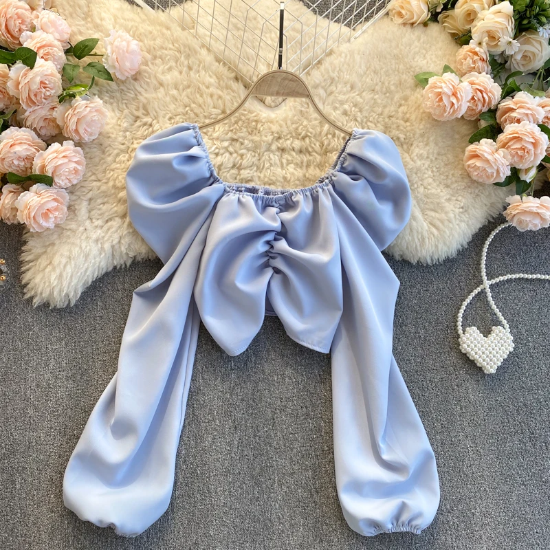 

Женская блузка с длинным рукавом-баллоном, однотонная приталенная блузка с квадратным вырезом, модель Q527, 2020