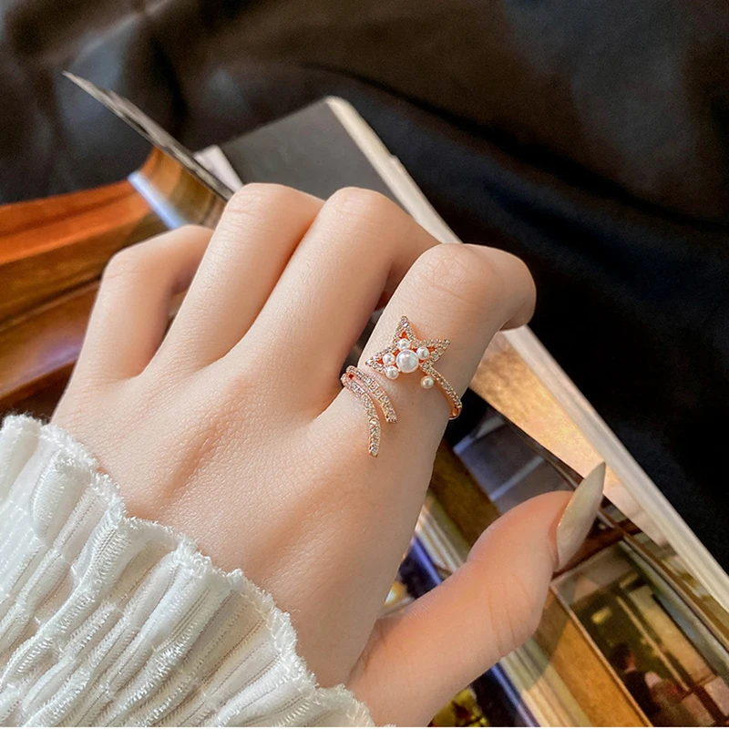 

Fashion Twist Butterfly Pearl Zircon Ring For Women Gold Color Metal Adjustable Opening Rings For Gift Trendy Party Jewelry