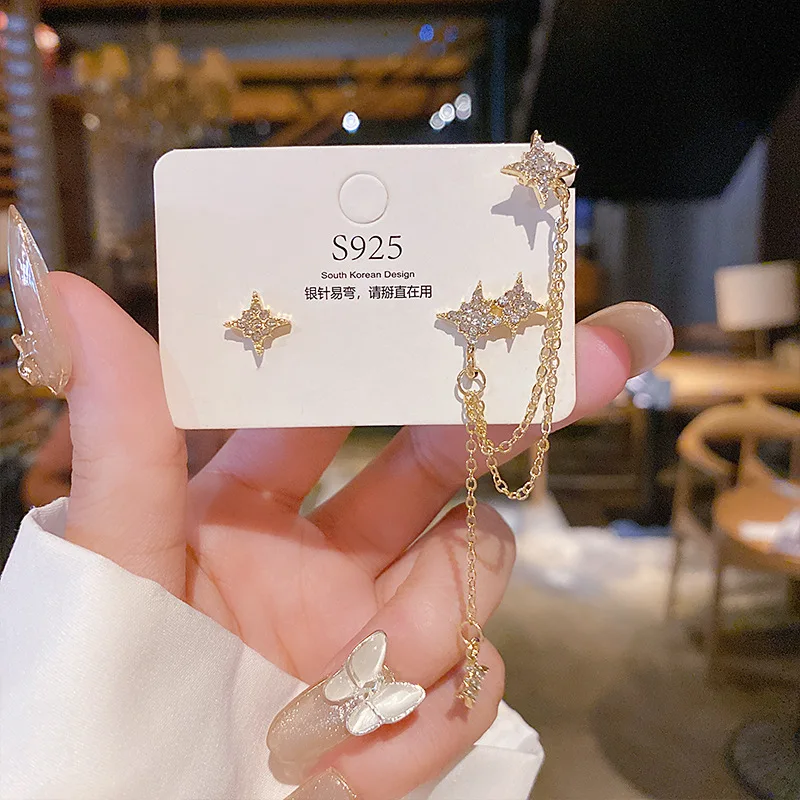 

Fashion and elegant ear stud ear bone clip conjoined tassel double pointed star asymmetric ear stud jewelry