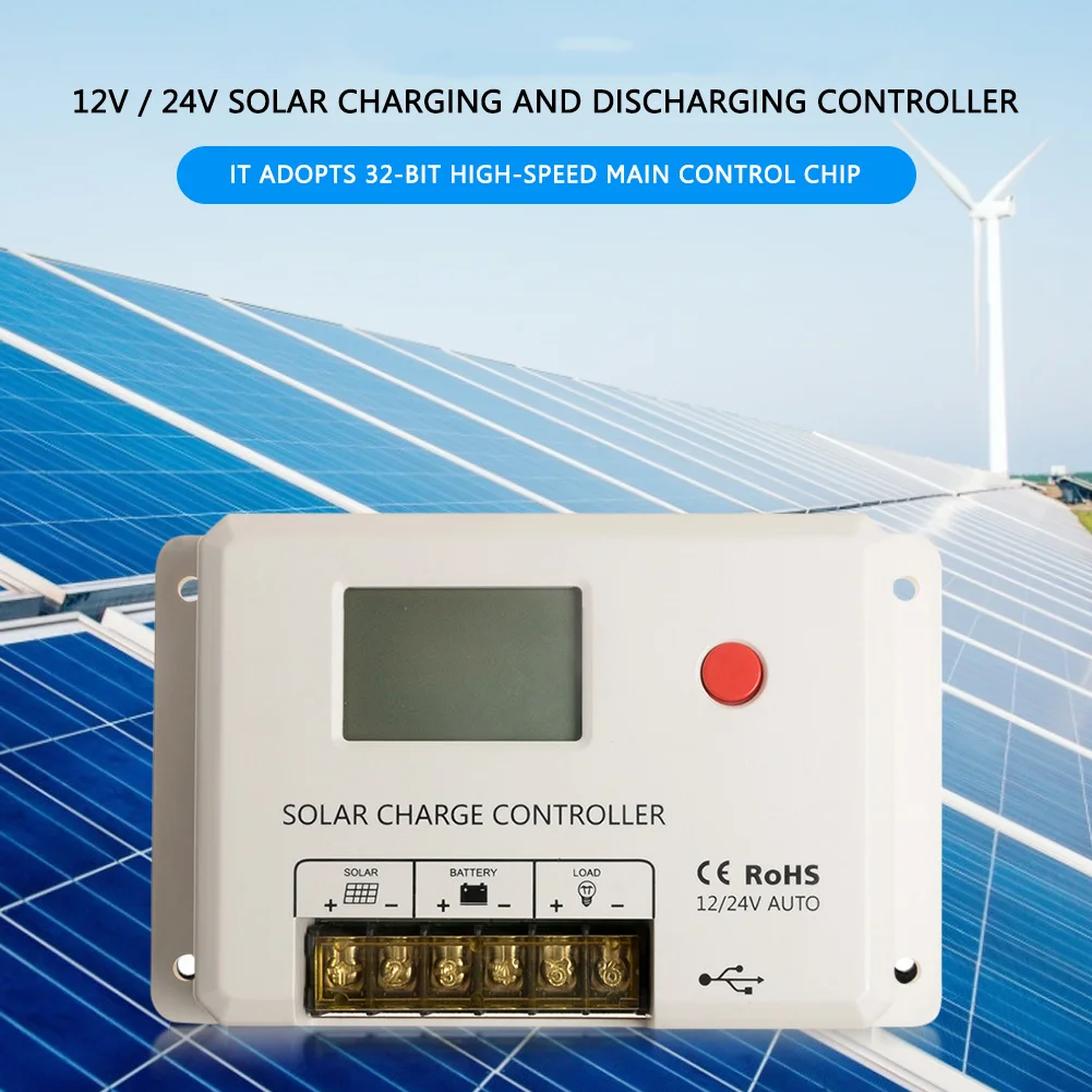 

Charge Solar Controller 5V USB Output 12V 24V Auto Panel Controller LCD Displa Home Battery Output Solar Panel PV Regulator