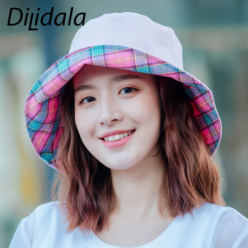 Dilidala Двусторонняя клетчатая тканевая Рыбацкая шляпа Повседневный