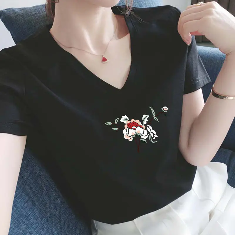

Flower T-shirts Women Short Sleeve Top Tee Shirt White Shirt For Women Summer Clothes V Neck Cotton Basic Tshirt Ladies Casual
