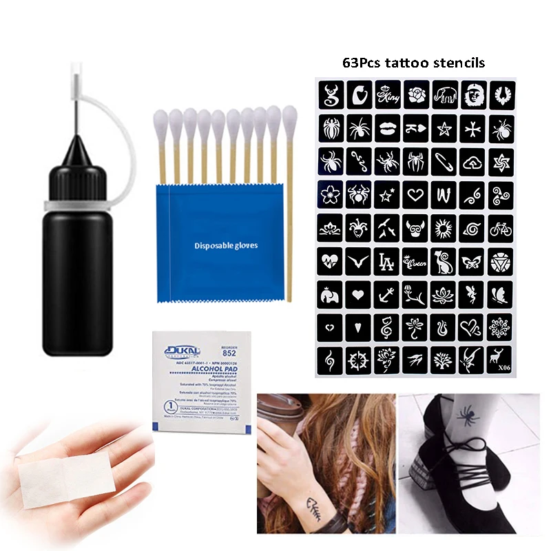 Набор для Временной Татуировки паста Полуперманентная с 63 трафаретами хны 10 мл 1
