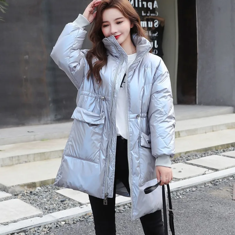 

Down jacket women's white duck down 2021 new bright face medium length winter fashion loose waist bread jacket fashion