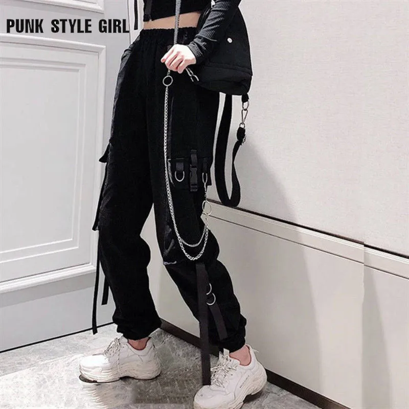 

Punk Cargo Pants E Girl Buckle Ribbon Pocket Trousers Women Ring Chain Baggy Jogger Harajuku Hip Hop Harem Jeans Alt Emo Clothes