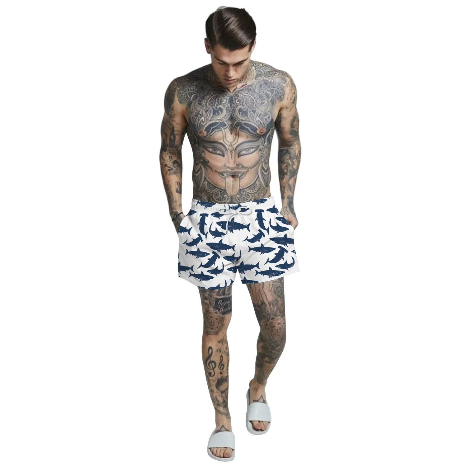 

Men's Casual Board Shorts Summer Shark 3D Digital Printing Vacation Beach Drawstring Shorts Surfing Swim Trunks