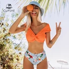 CUPSHE Оранжевый Цветочный скрученный комплект бикини с высокой талией, сексуальный купальник с открытыми плечами, женский купальник из двух частей 2020, пляжный купальный костюм
