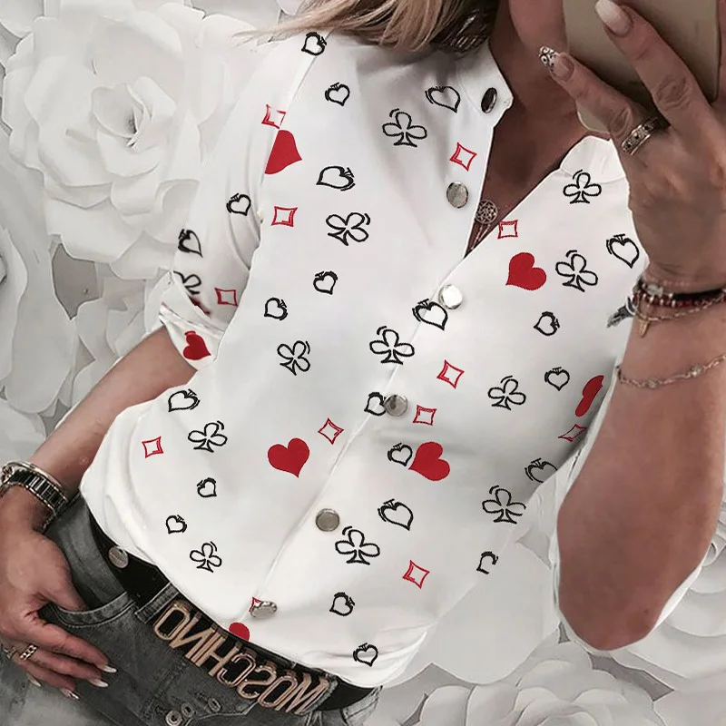 Женская Повседневная рубашка на пуговицах с принтом сердца блузка длинными