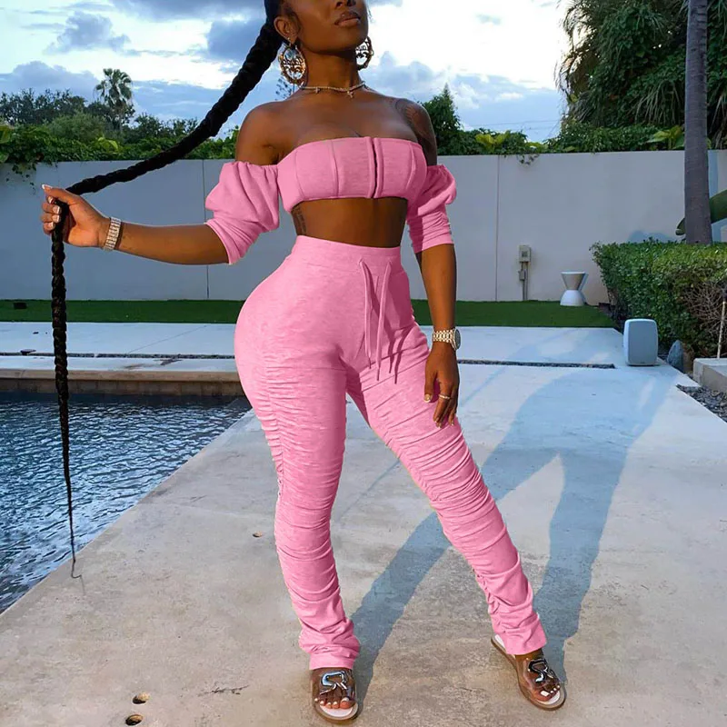

Sexy Chic Suits Casual Solid Short Sleeve Off Shoulder Crop Top & Drawstring Pant Lounge Suits Outfits Women Two Piece Set