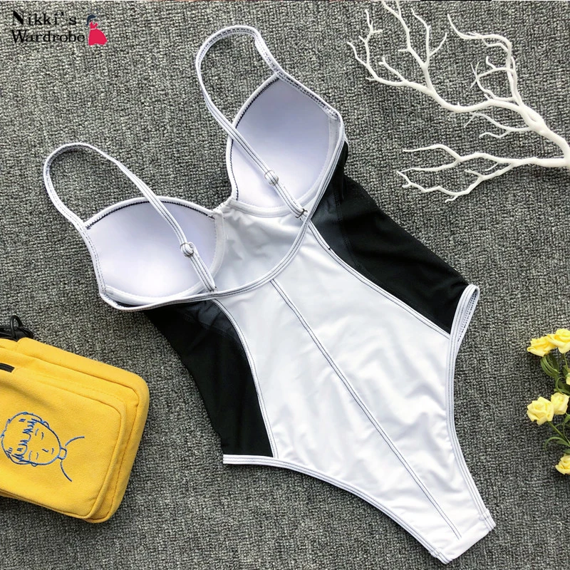 

2020 Sexy One Piece Swimsuit Women Mesh Patchwork Swimwear Push Up Monokini Bandage Swimming Suit For Maillot De Bain Femme