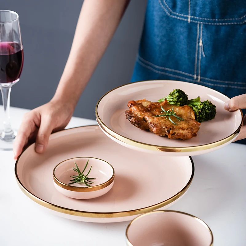 Розовый фарфоровый посуда обеденные тарелки посуды Северное золото инкрустация