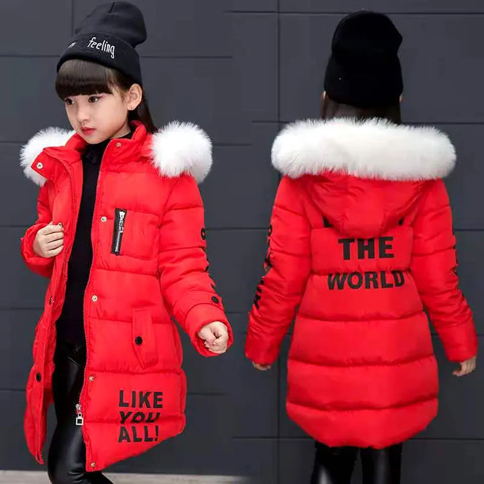 Купи Baby Girls Winter Kids Thickening Fur Collar Hooded Long zipper Parkas Coat Clothes Children Warm Jackets Black/Pink/Red Color за 1,451 рублей в магазине AliExpress