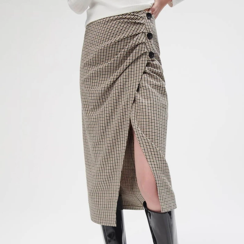 

Check Midi Skirt With Side Buttons Women Autumn 2021 New Fashion Plaid Gathered Bottom Female Ruched Clothes