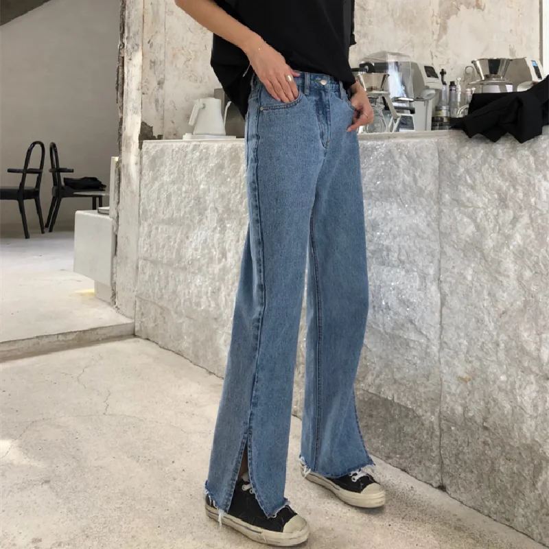 

Long legs fashionable blue retro split flared jeans