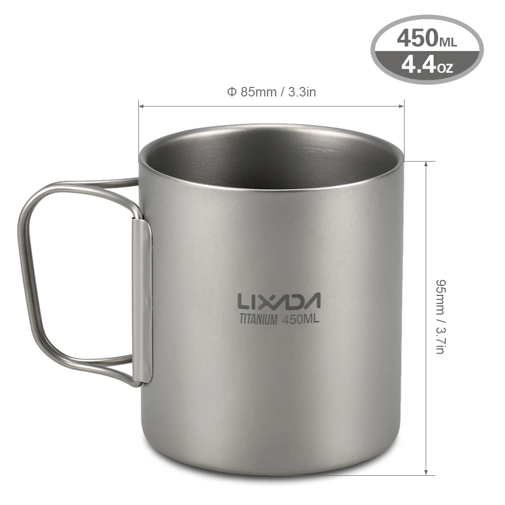 Lixada 450 мл титановая чашка с двойными стенками, чашка для воды, кофе, чая, Кружка со складной ручкой, походная посуда, аксессуары для туризма - Цвет: 450ml