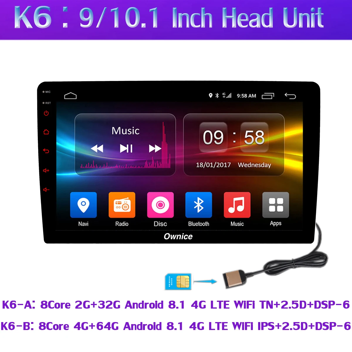 Ownice K6 ультратонкий 1din 4 SIM LTE WiFi 8 ядер Android 8,1 4 Гб+ 64 ГБ Автомобильный мультимедийный плеер радио gps навигация SPDIF DSP CarPlay