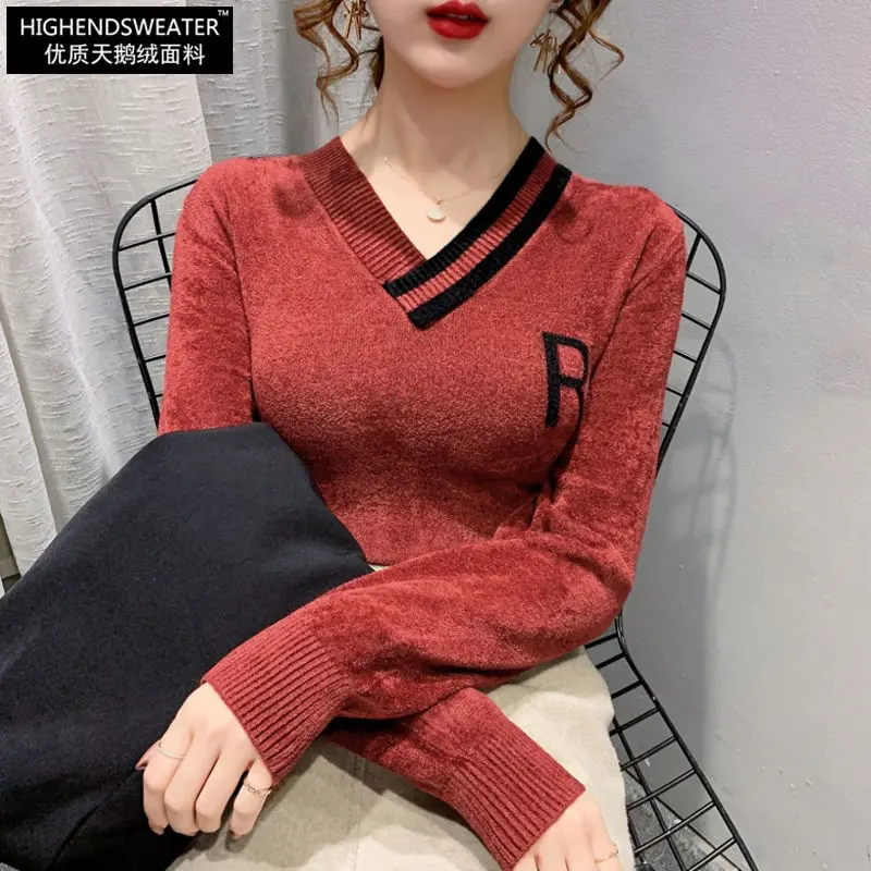 

Velvet women's V-Neck Sweater women's autumn and winter clothing 2020 new popular women's knitted bottomed sweater