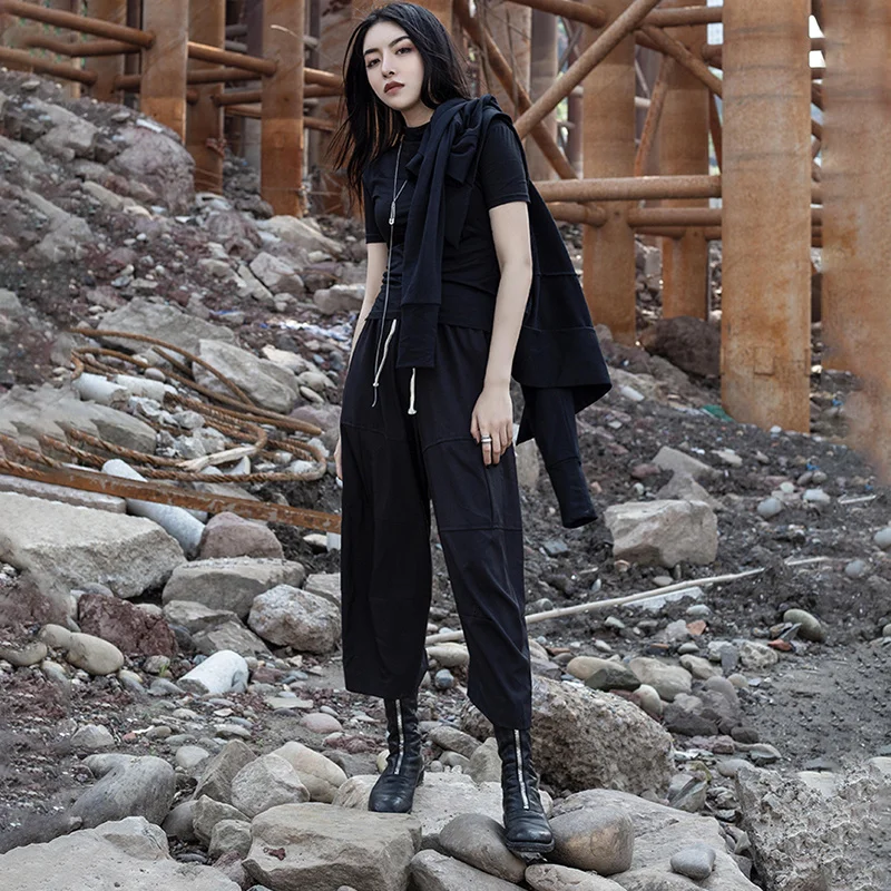 

[EAM] High Elastic Waist Drawstring Leisure Long Wide Leg Trousers New Loose Fit Pants Women Fashion Spring Autumn 2021 JU4210