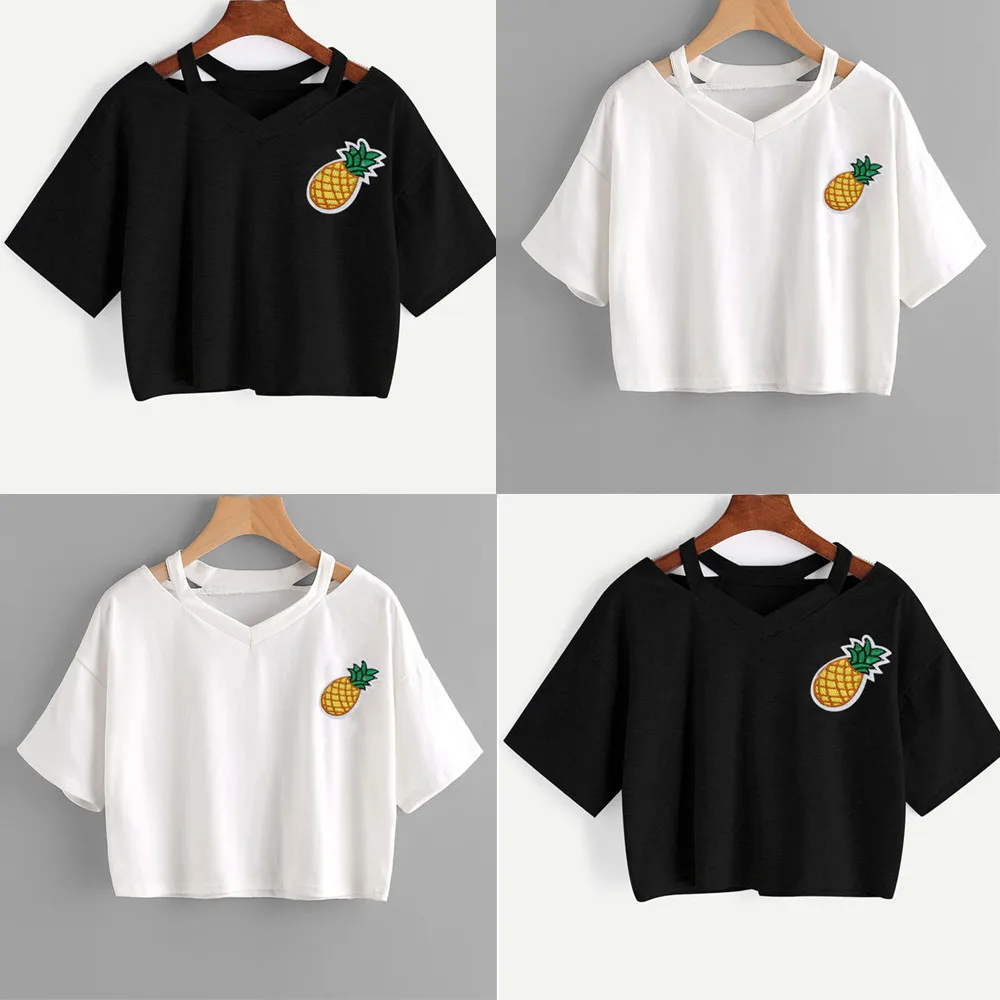 Футболка женская хлопковая с принтом ананасов повседневный укороченный топ