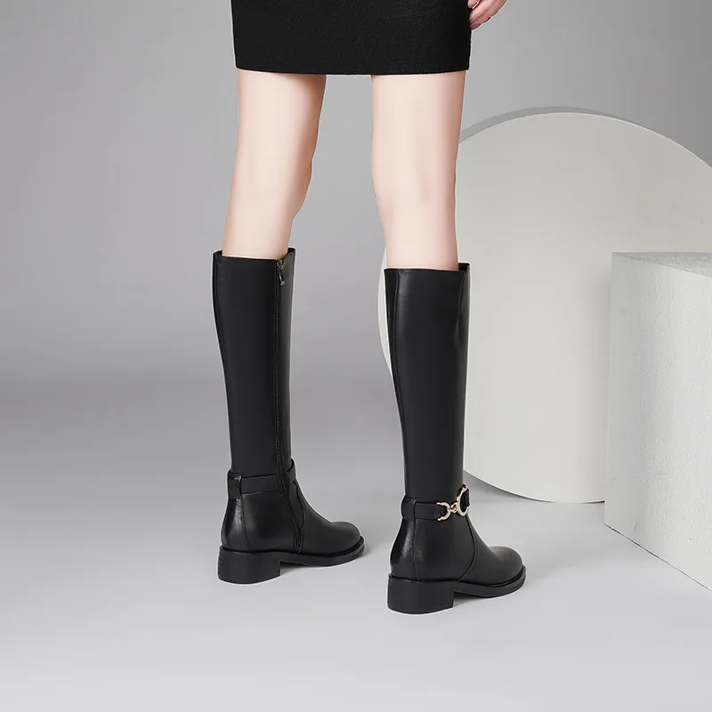 

FEDONAS Fashion Women Knee High Boots Metal Decoration Genuine Leather Thick Heels Boots Boots Side Zipper Party Shoes Woman