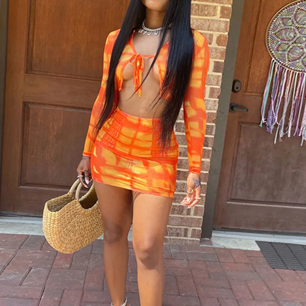 

Jocoo Jolee Lace Up Two Piece Sets Women O-Neck Long Sleeve Top and Strap Tie Dye Hip Mini Skirt Skinny Suits Sexy Club Outfits