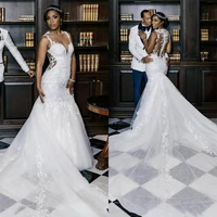 myyble 2021 new double v neck mermaid wedding dress bohemian court train lace bridal gown vestido de novia cheap