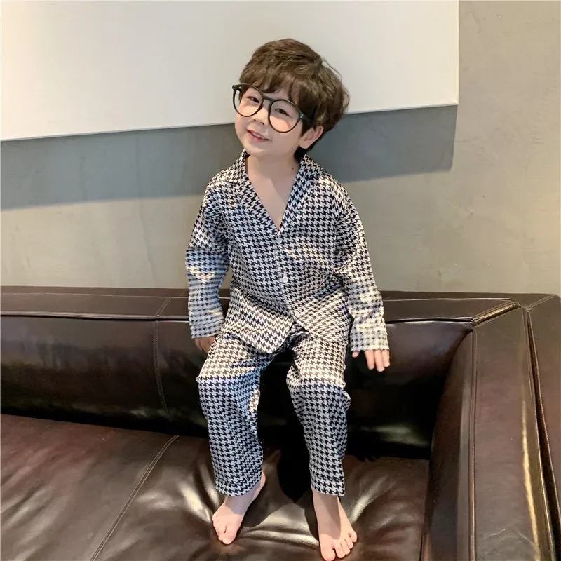 Клетчатая Пижама для маленьких девочек и мальчиков комплект одежды хлопковое