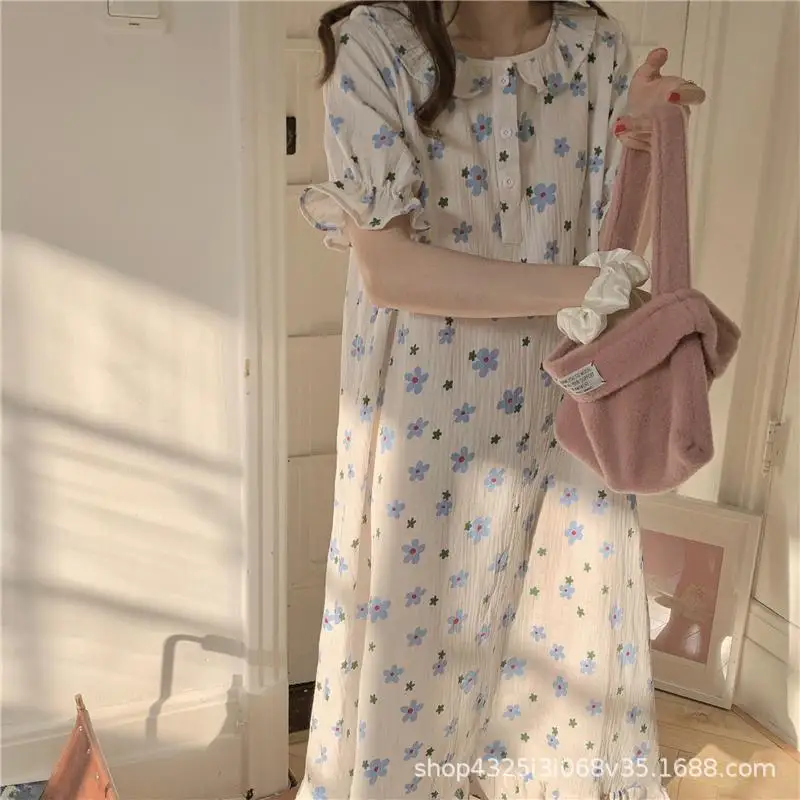 

Cotton Nightdress Small Flowers Gauze Pajamas New Summer Dresses Can Be Worn Outside At Home Mid-length Over-the-knee Skirts