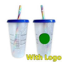 710ml rainbow straw cup with lid with logo confetti color changing cups plastic tumblers cold drink discoloration coffee mug