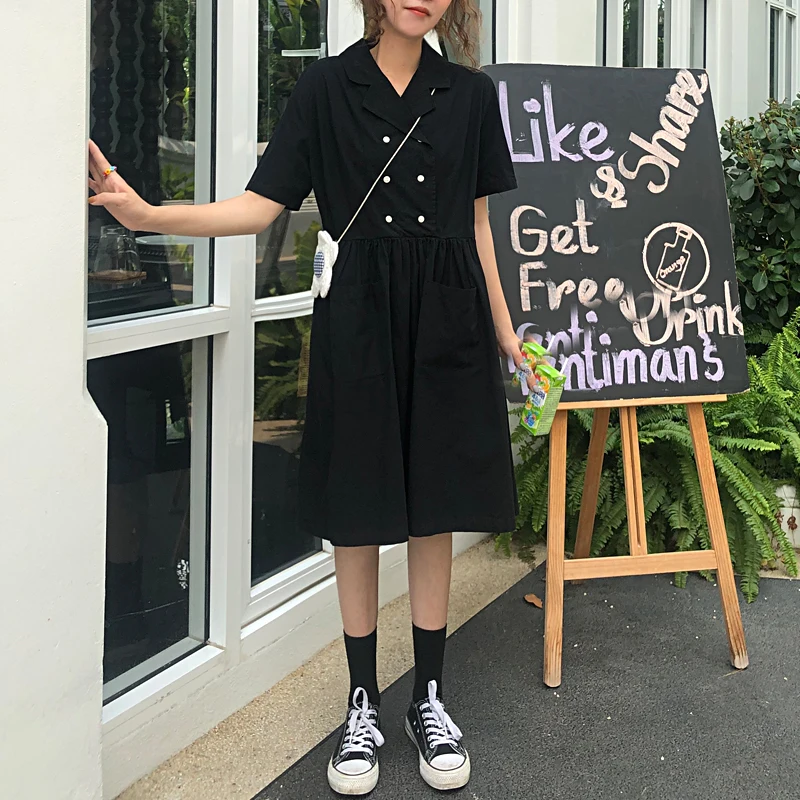 ulzzang notched loose preppy style black pockets high waistWomen's Clothing fashion brand summer dress vestidos korean dresses | Женская