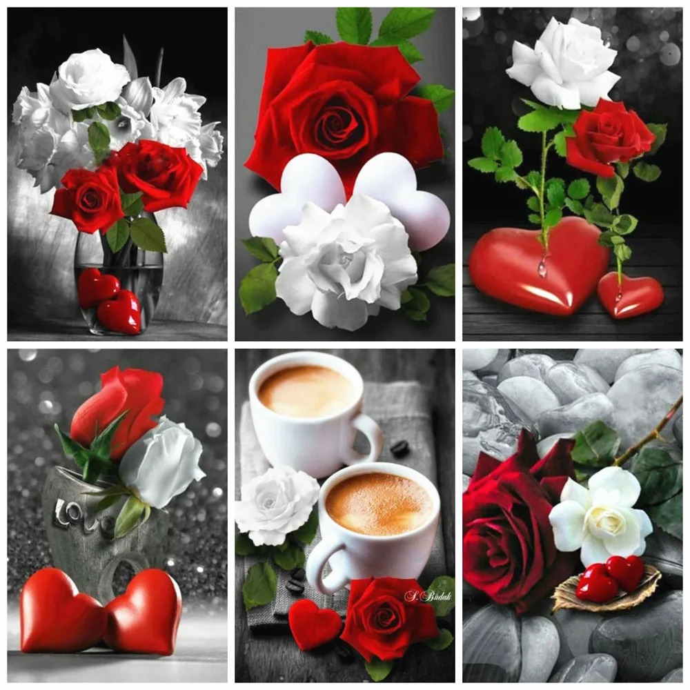 

Red White Rose Flowers 5D Diamond Painting Full Square Round Rhinestones Embroidery Coffee Cup Home Decoration Art Wall Picture