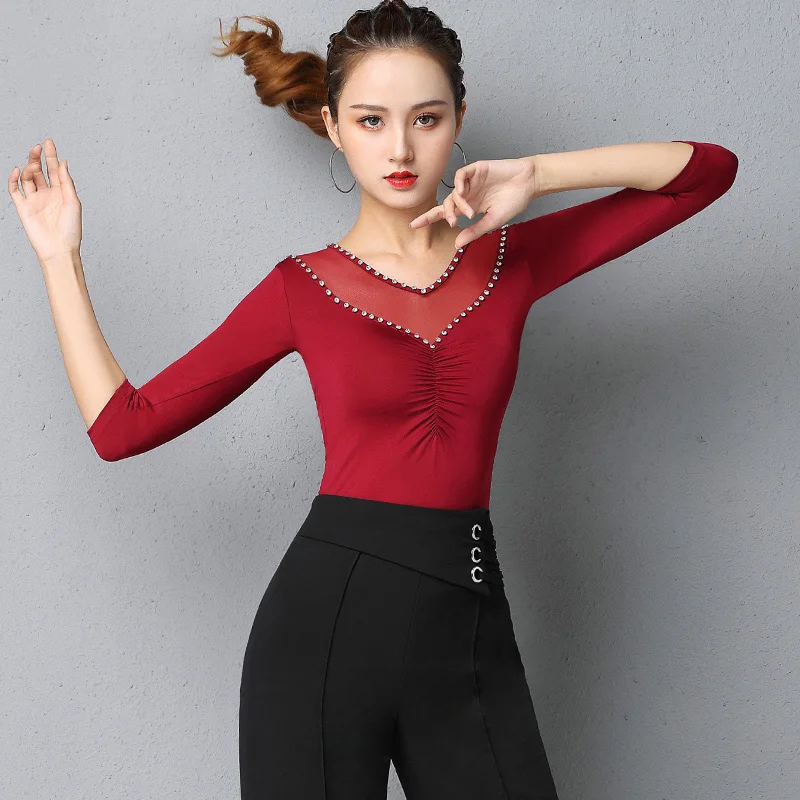 

Женская одежда для латиноамериканских танцев, новая рубашка с длинным рукавом для современных бальных танцев, модель DQL4496