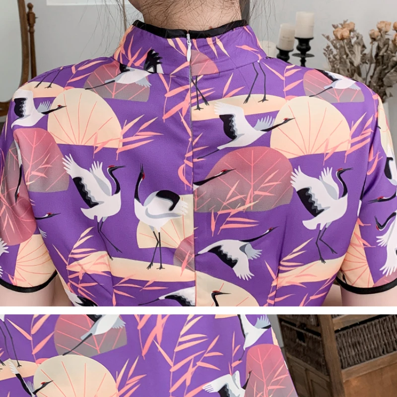 

Plus Size M-4XL 2021 Purple Loose New Fashion Modern Cheongsam Dress Women Short Sleeve Qipao Traditional Chinese Style Clothes