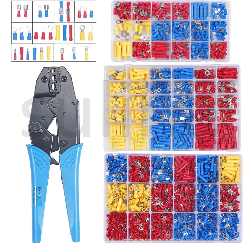 280/660/1200PCS Spade Terminals Insulated Cable Connector Electrical Wire Crimp Butt Ring Fork Set Ring Lugs Rolled Crimp Pliers