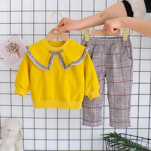 New Design Yellow Girl Tops+ Plaid Pants 2 Pcs Sets Cotton Baby Toddlers Cute Kids Clothing Cute Children Outfits