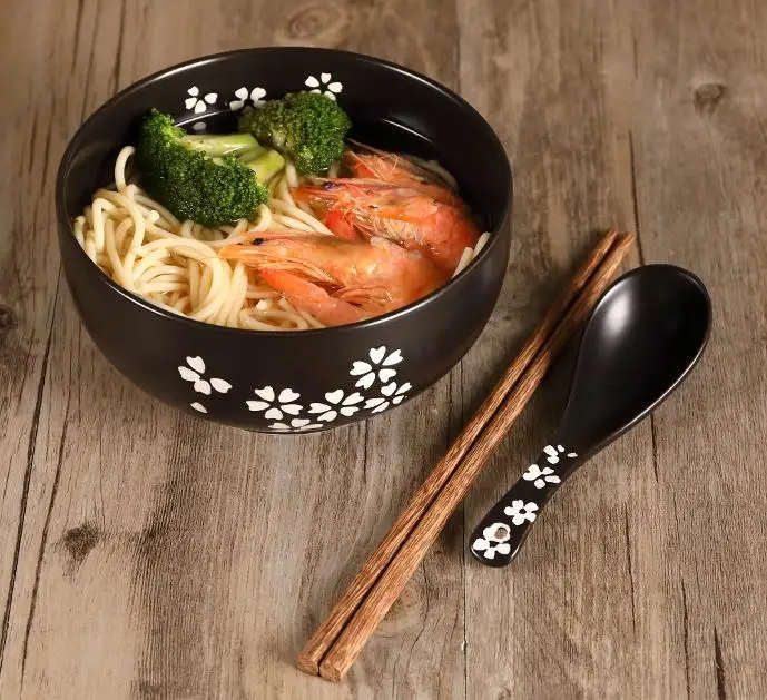 

Japanese Style Rice Noodle Bowl with Lid Spoon and Chopstick Kitchen Tableware Ceramic Salad Soup Bowl Food Container Dinnerware