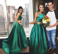 green two pieces prom dresses 2020 spaghetti strapless a line long with pockets evening gowns sweep train special occasion dress