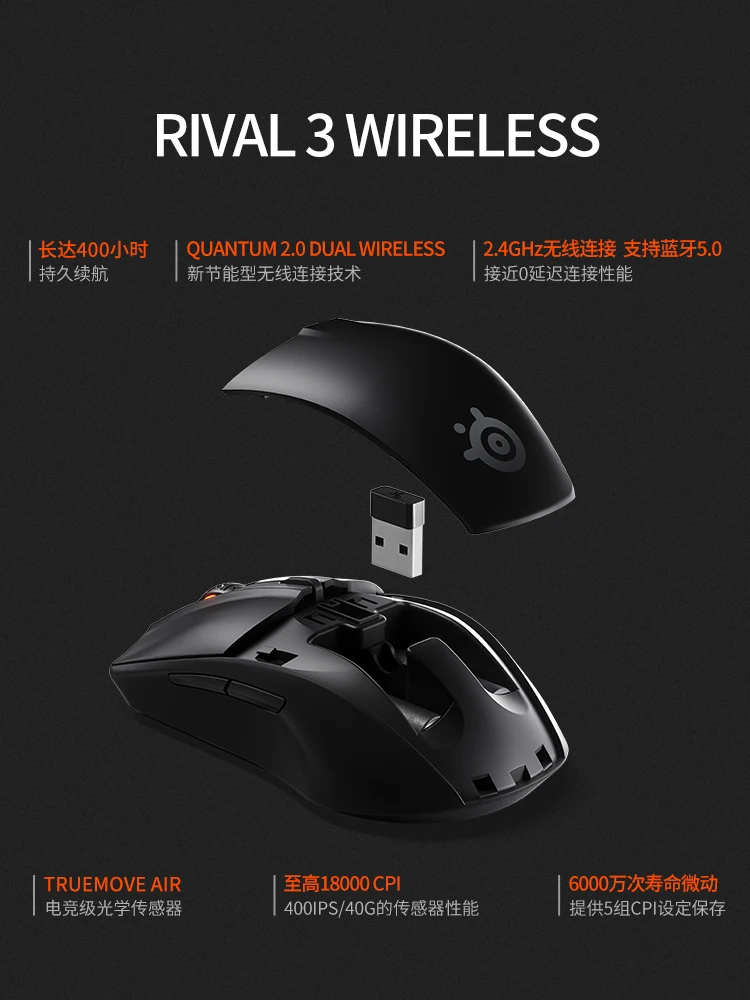 SteelSeries Rival 3 Wireless Gaming Mouse 2.4 GHz and Bluetooth 5.0-60 Million Clicks 18000 CPI TrueMove Air Optical Sensor Mice
