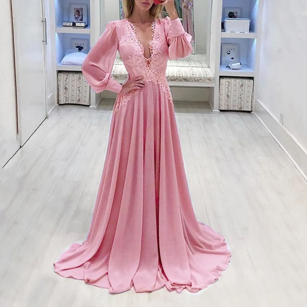 Женское сексуальное однотонное длинное платье с длинным рукавом и V-образным