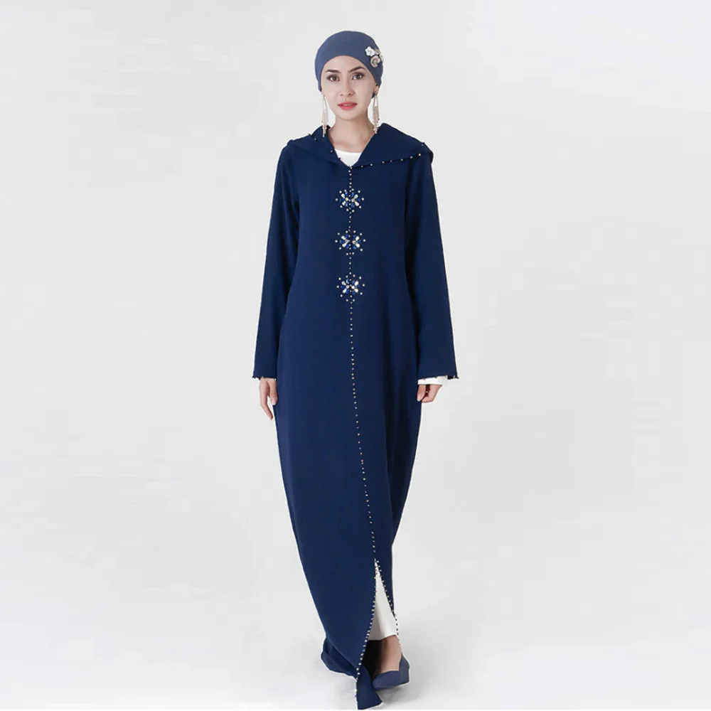 

Hand made diamond beading muslim peignoir Robes Dubai Fashion female full length ruffles Abaya Muslim Dress with belt