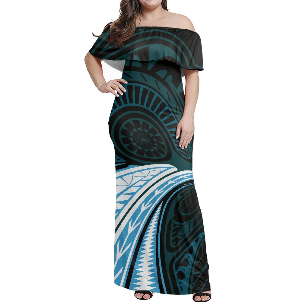 

Plus Size 7XL Samoa Tattoo Polynesian Tribal Print Long Dresses Ruffles Women Lady Elegant Sexy Summer Women Sexy Dresses 2021
