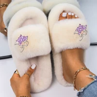 women sandals female furry slippers faux fur slides girls crystal flower house slippers ladies fluffy flip flops brand fur shoes