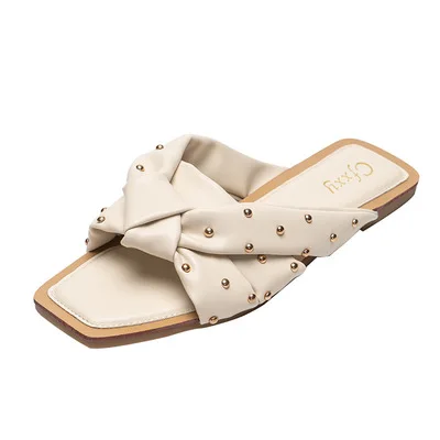 

2021 summer new style rivet woven slippers female crossover flat-bottomed female sandals