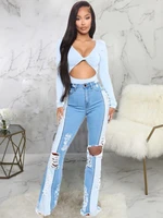 contrast color patchwork denim long trousers women summer high waist hollow out flare jeans street style mujer bell bottom pant